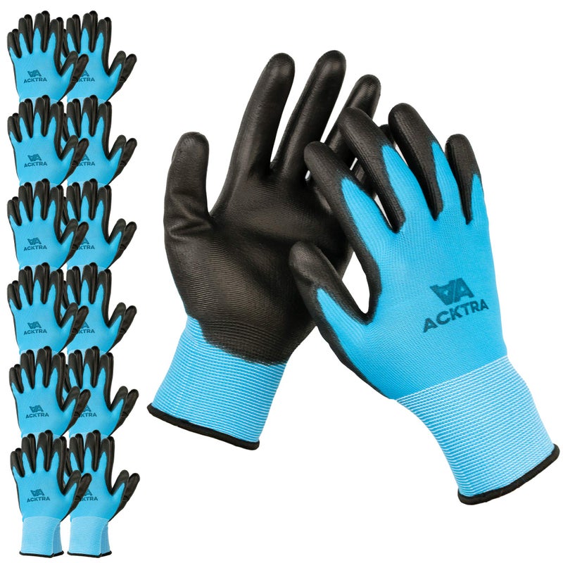 ACKTRA Ultra-Thin PU Safety WORK GLOVES 12 Pairs, WG002 Blue/Black, Small - Image 1